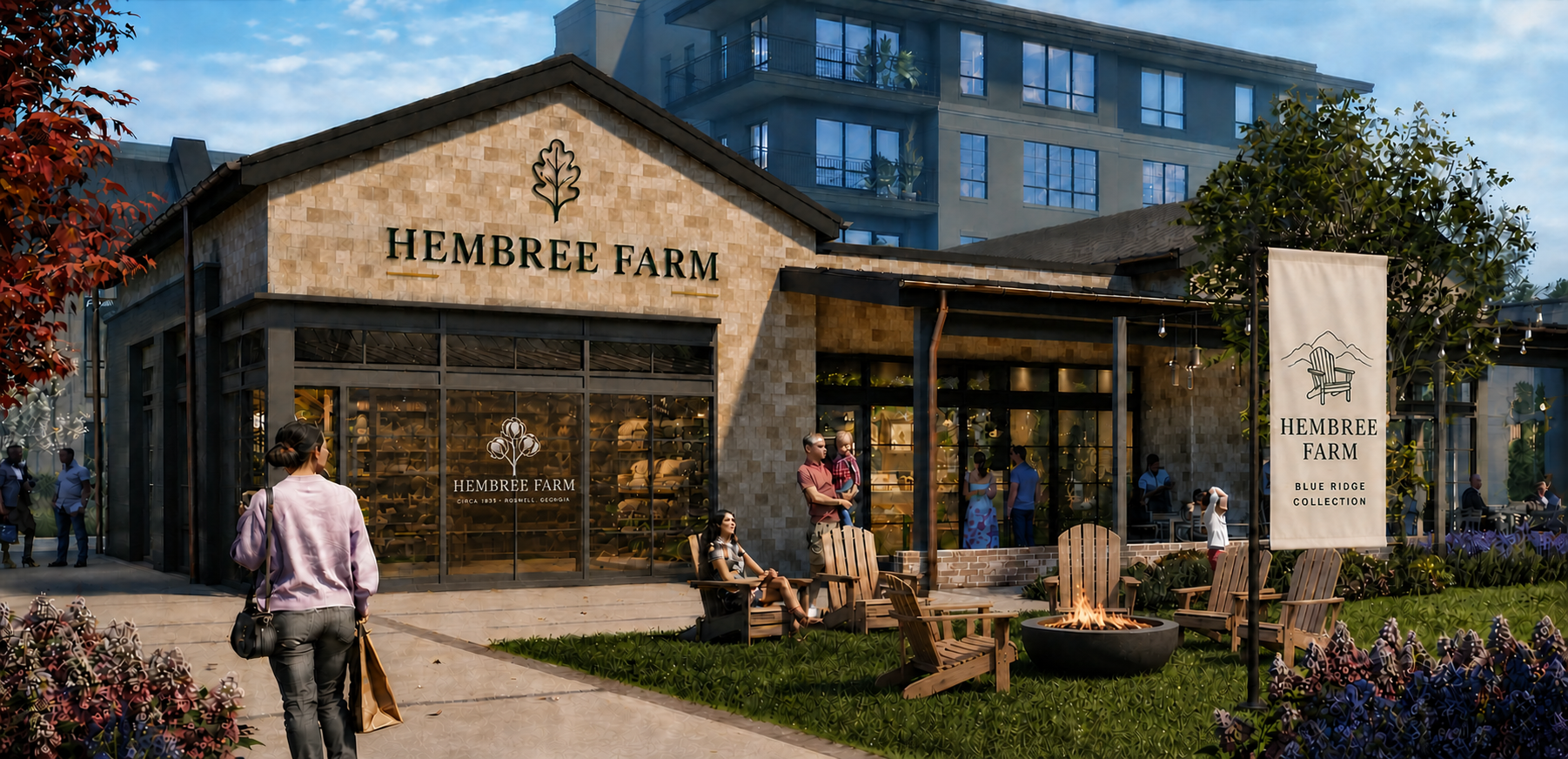 Concept rendering of a Hembree Farm storefront with a compact white cotton-boll decal contained within the center window pane and a Blue Ridge Collection fire-pit lawn display